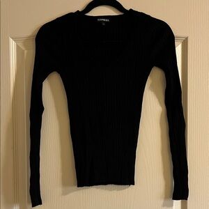 Express Black Ribbed V-Neck Long Sleeve Top